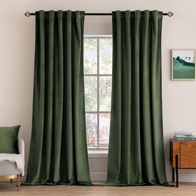MIULEE Velvet Curtains 132 inches - Luxury Blackout Curtains for Bedroom Living Room Thermal Insulated Super Soft Window Drapes Rod Pocket & Back Tab, Olive Green, W52 x L132 inches, 2 Panels - Image 1